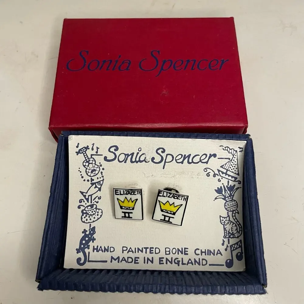 SALE!! Vintage Sonia Spencer Queen Elizabeth II Cufflinks Bone China England NiB